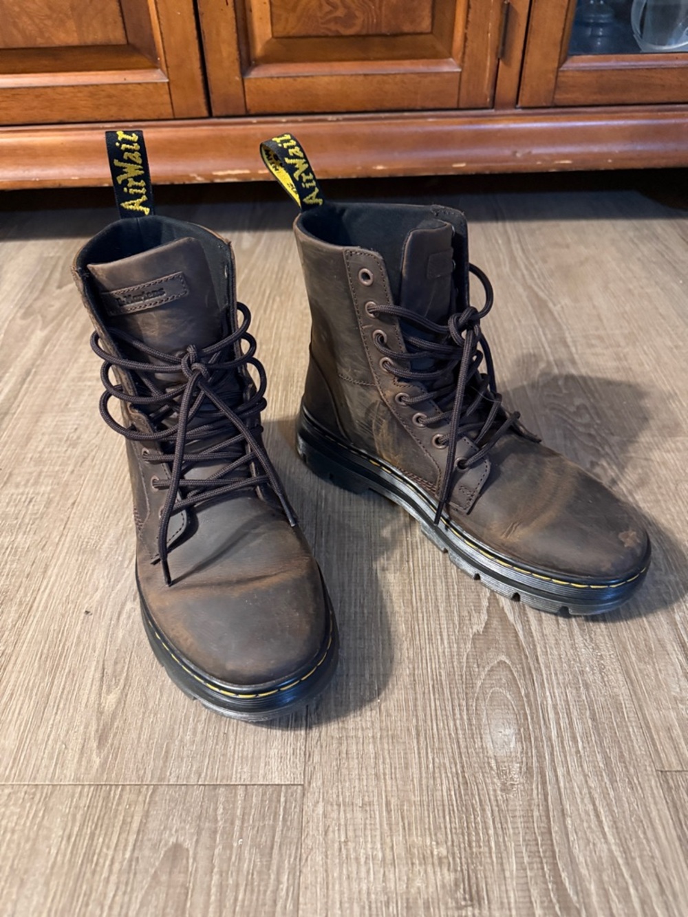 Dr. Martens Brown Leather 8-Eye Lace-Up Combat Boots with Yellow Stitching